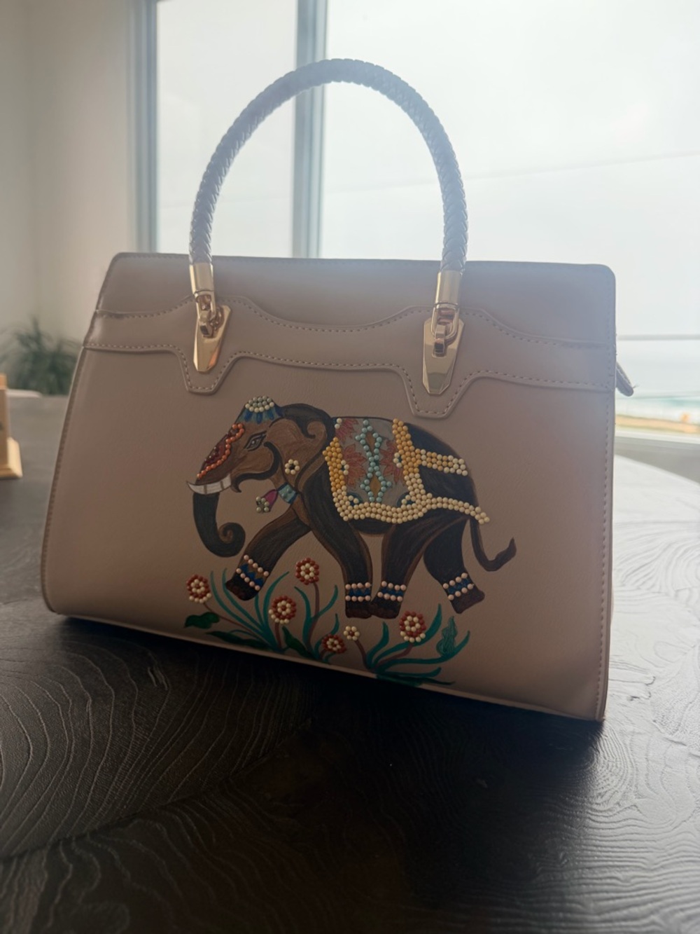 Beige Handbag with Embellished Elephant Motif